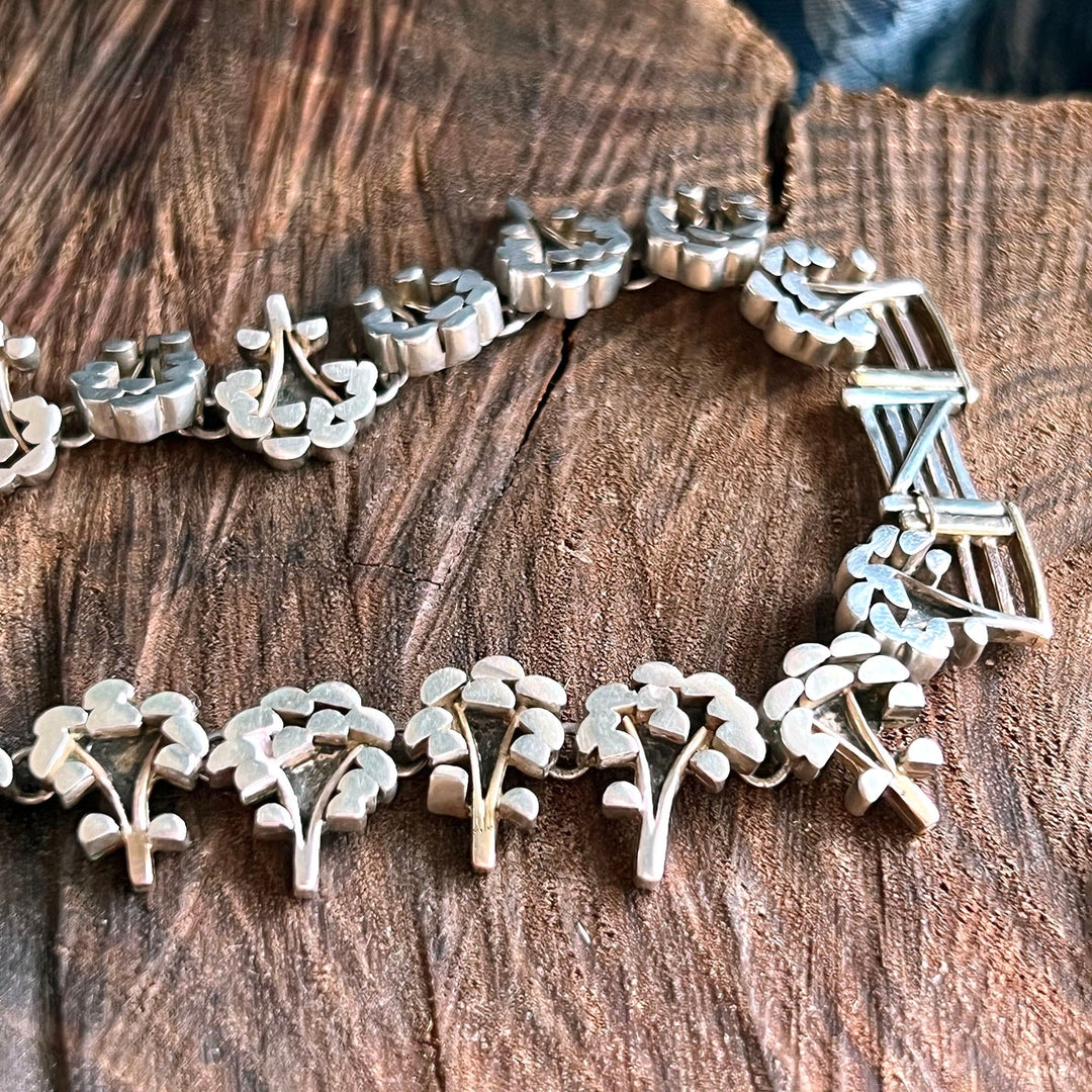 Silver collar necklace with tree and gate design vintage 1976