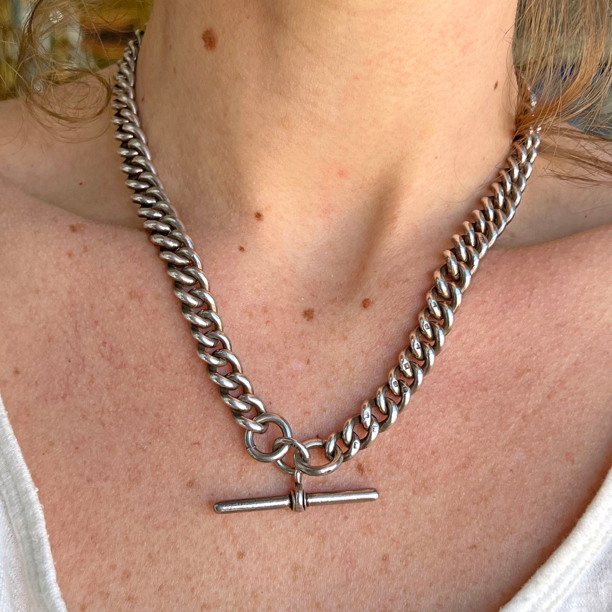 Antique Edwardian Double Albert Silver Watch Chain Necklace