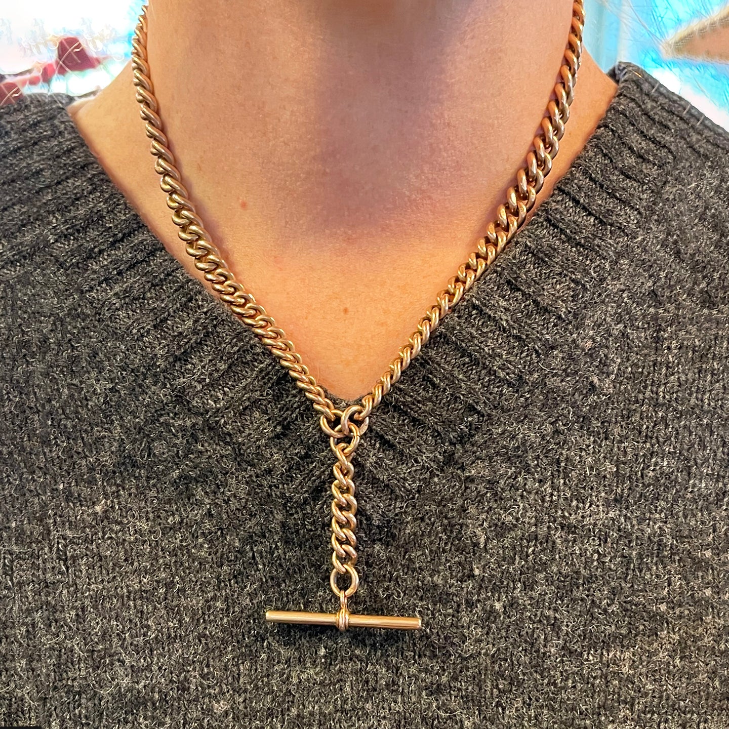 Victorian 9K Gold Curb Link Watch Chain Necklace