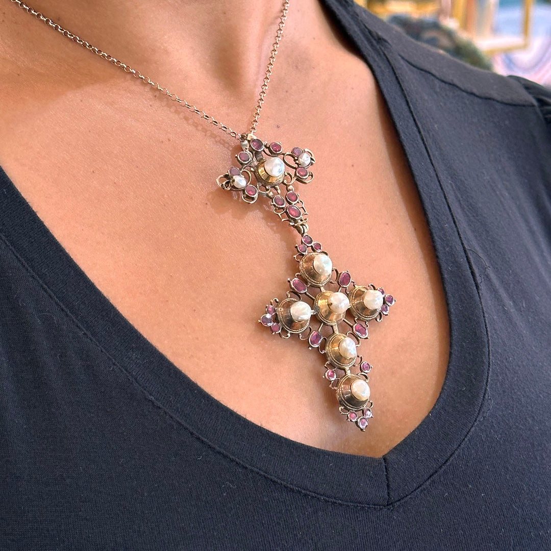 Antique Georgian Gold Garnet and Pearl Cross Pendant c. 1760