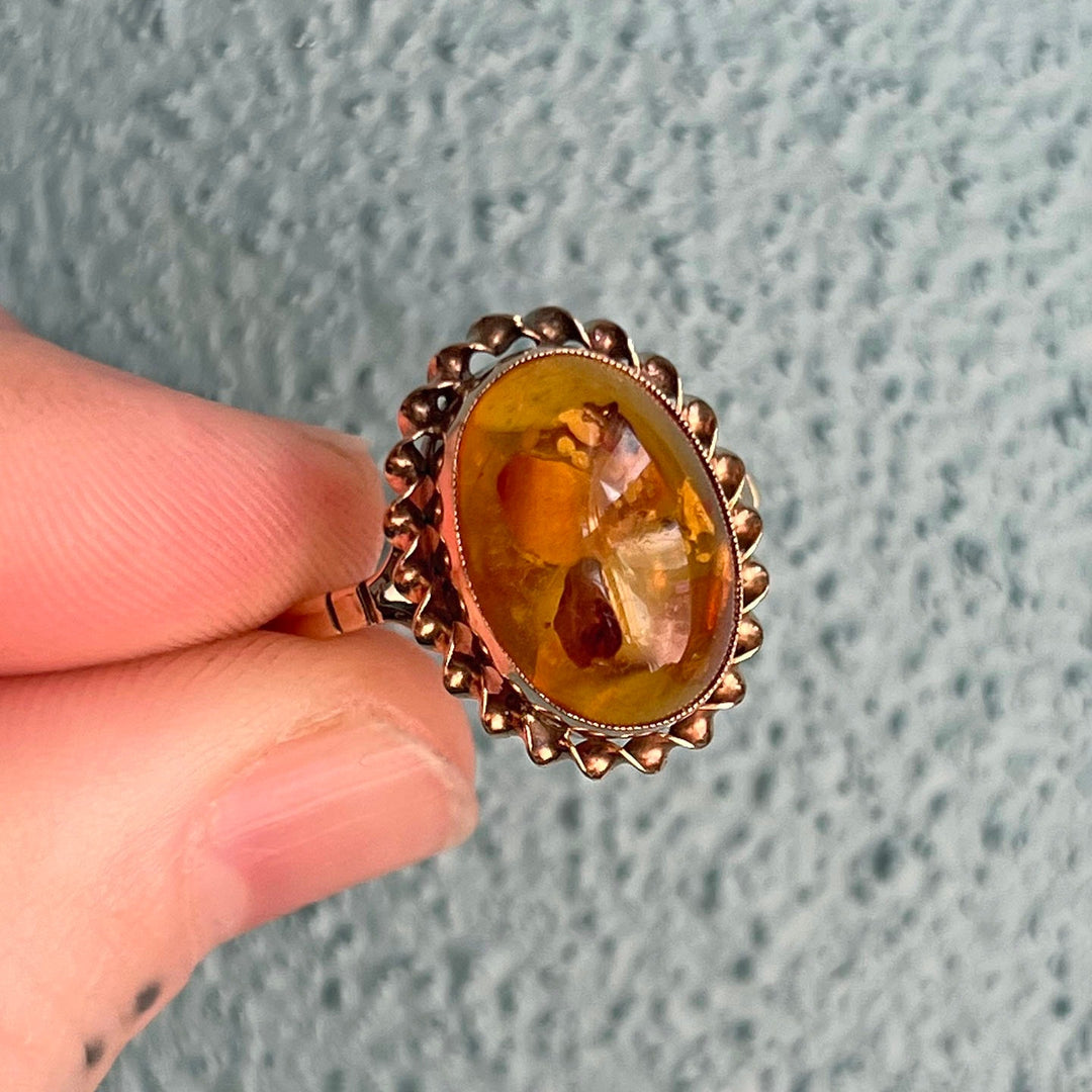 Vintage 9k Gold Amber Ring Birmingham 1988 Oval Cabochon