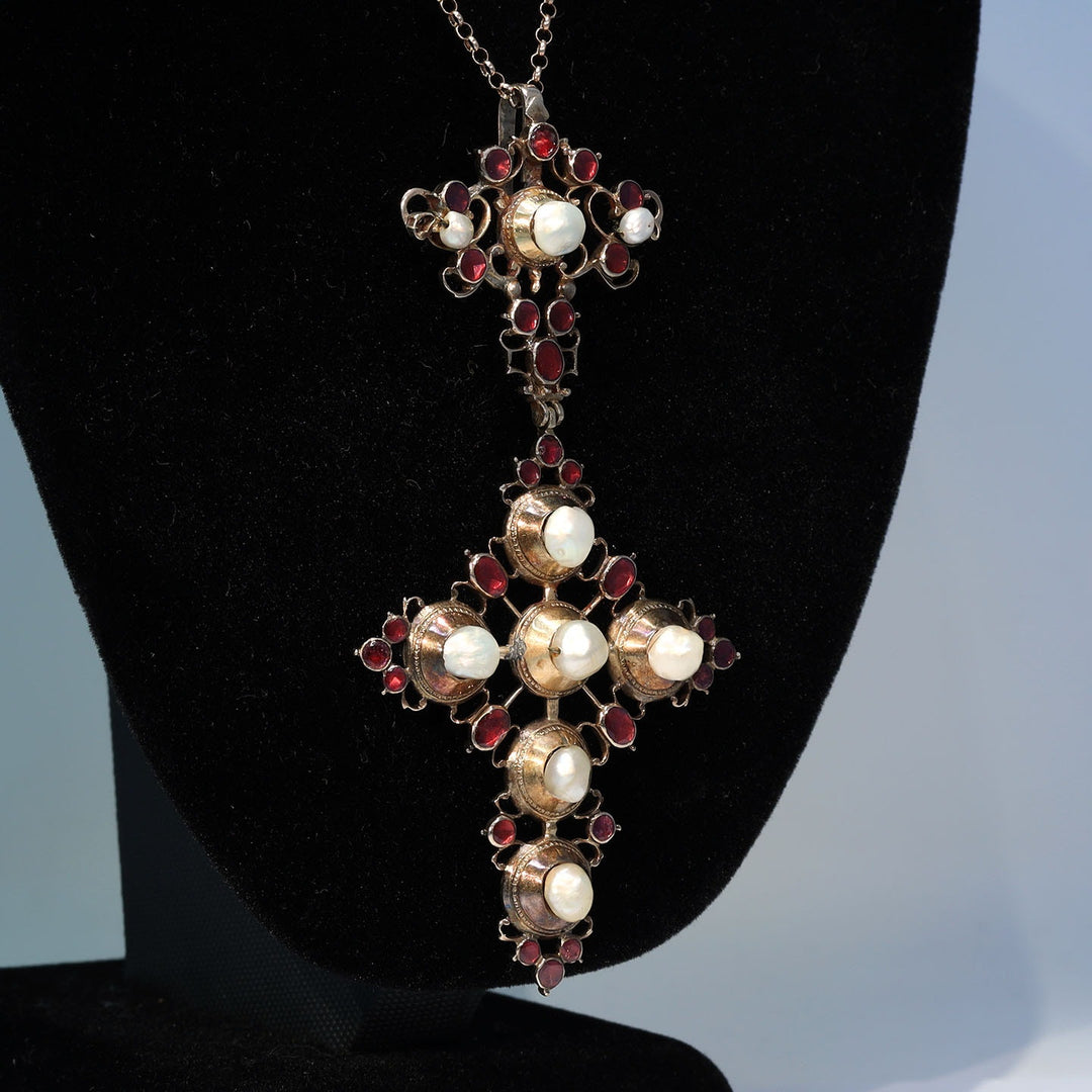 Antique Georgian Gold Garnet and Pearl Cross Pendant c. 1760