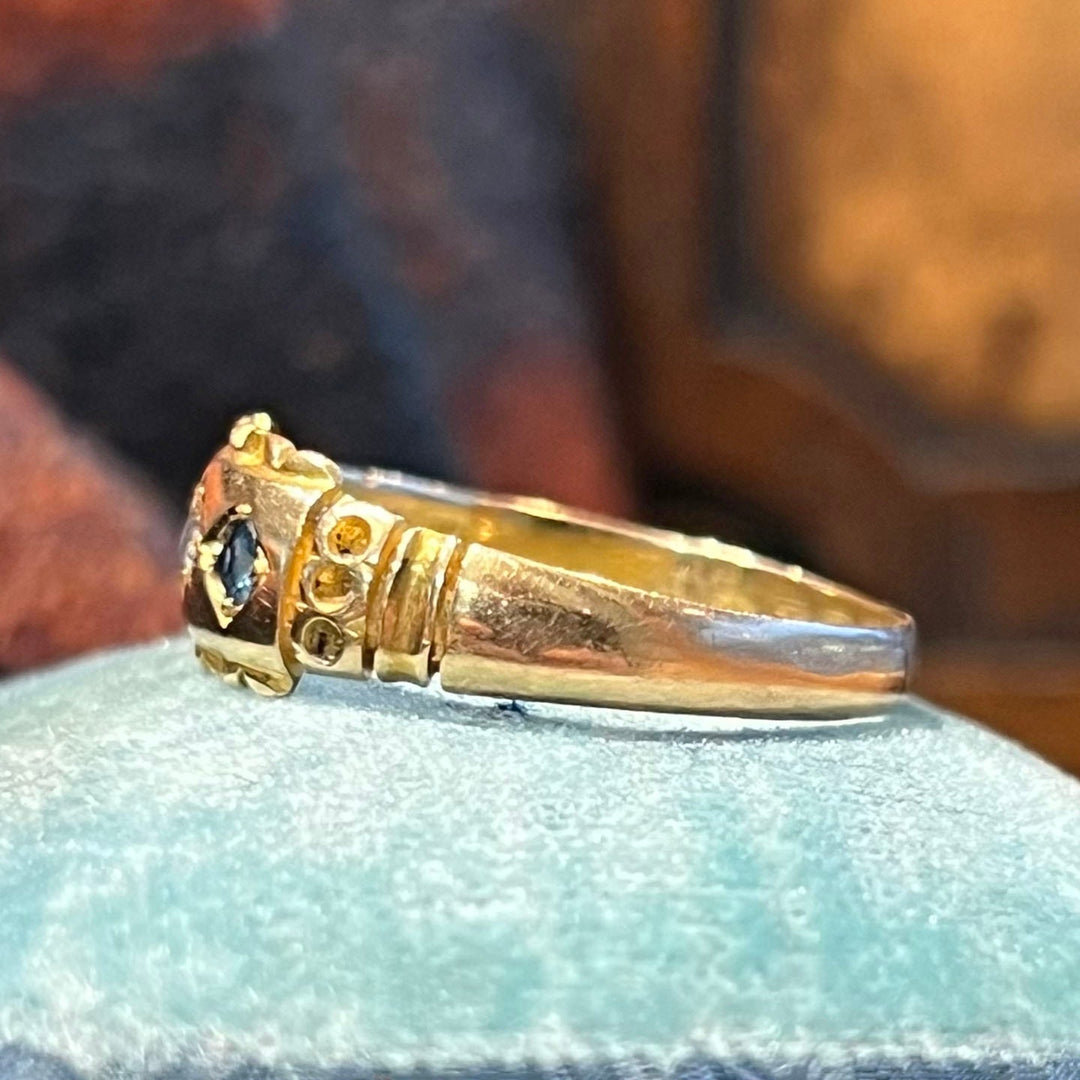 Antique Victorian 18 Karat Gold Sapphire and Diamond Three Stone Ring, Birmingham c.1889, English Sapphire Ring