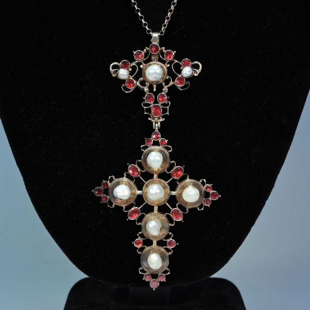 Antique Georgian Gold Garnet and Pearl Cross Pendant c. 1760