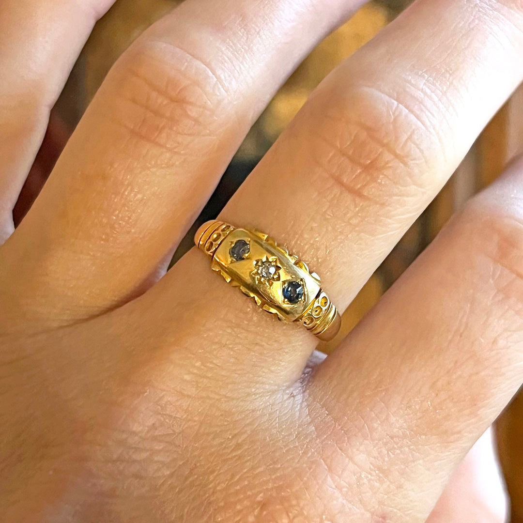 Antique Victorian 18 Karat Gold Sapphire and Diamond Three Stone Ring, Birmingham c.1889, English Sapphire Ring