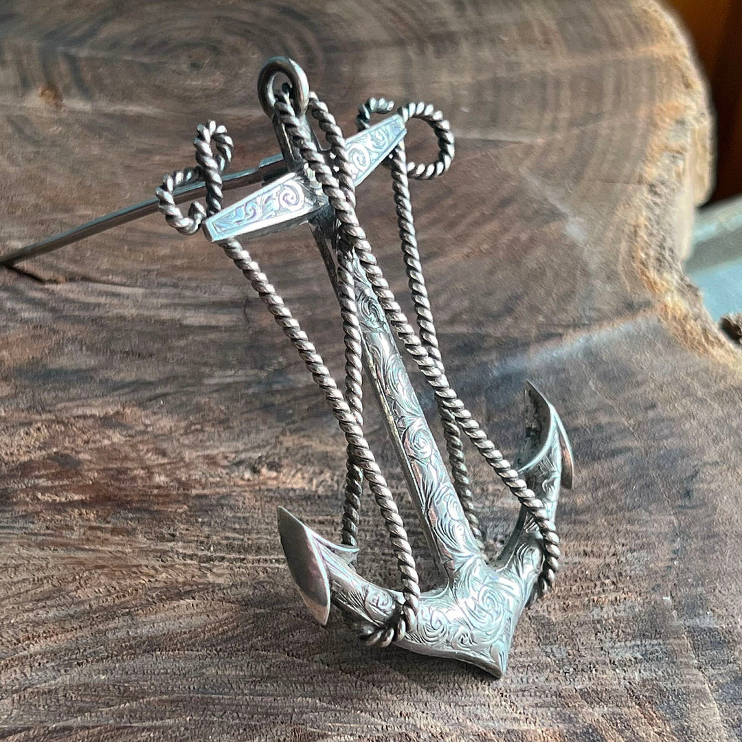 Antique Victorian Sterling Silver Anchor Brooch by Cronin & Wheeler, Birmingham 1846