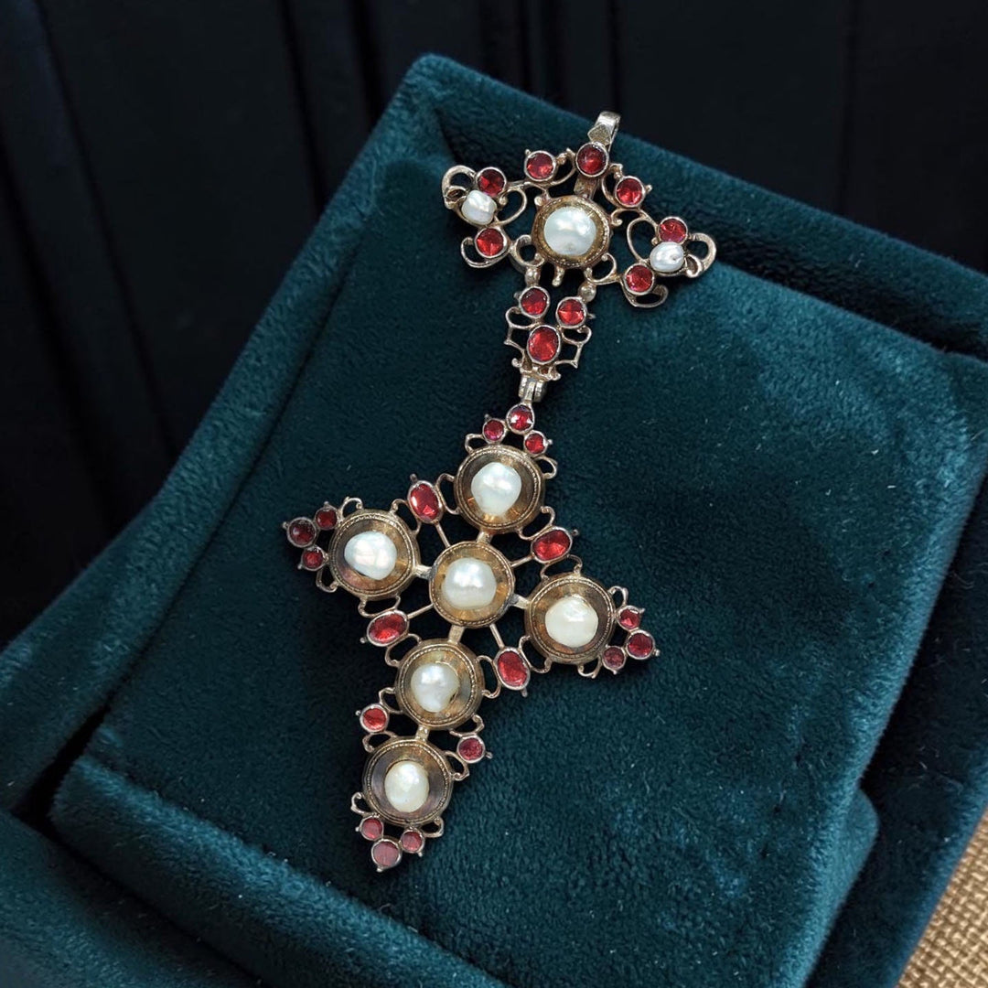 Antique Georgian Gold Garnet and Pearl Cross Pendant c. 1760