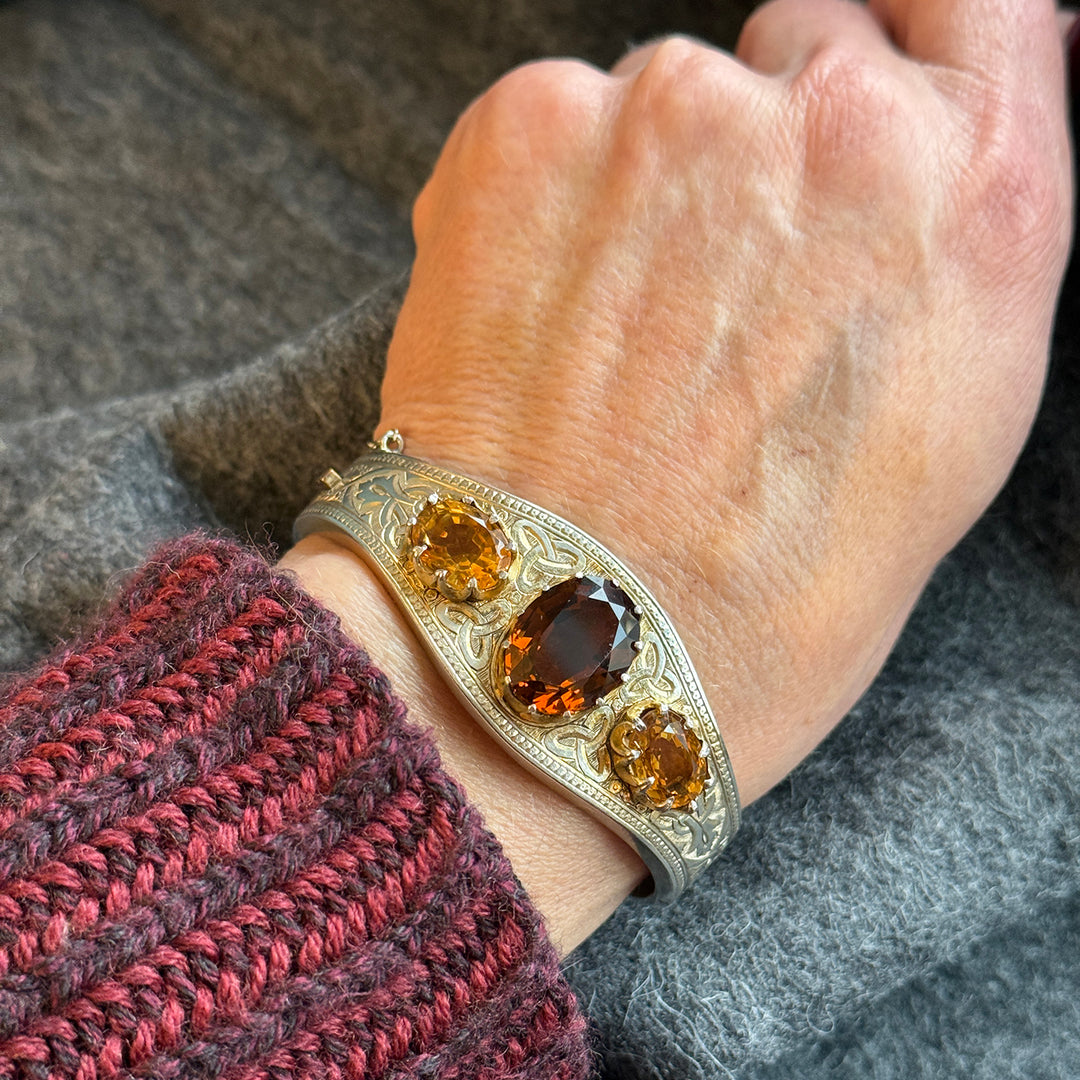 Antique Victorian Silver Engraved Citrine Bangle, English Jewelry, circa 1870