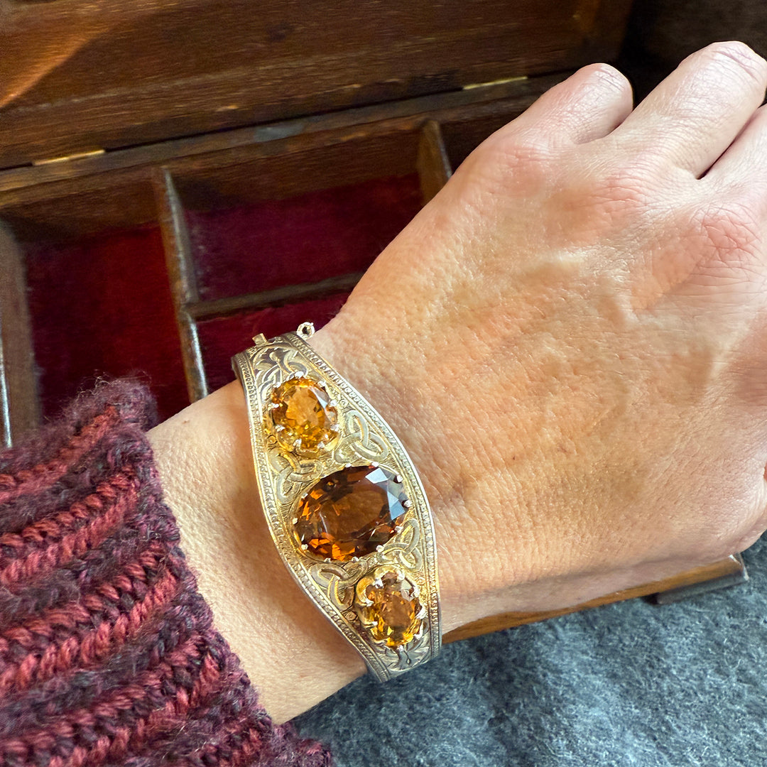Antique Victorian Silver Engraved Citrine Bangle, English Jewelry, circa 1870