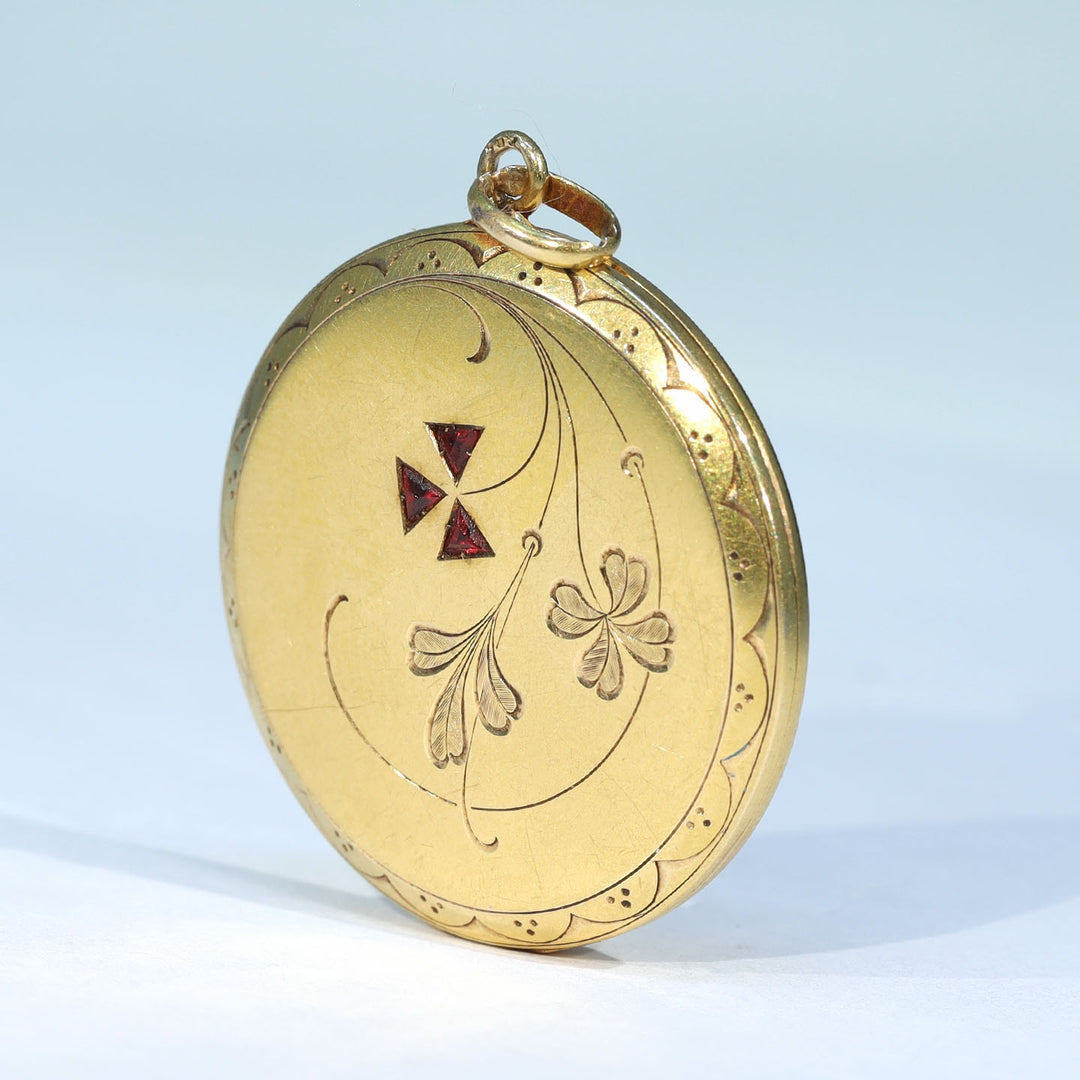 Antique Edwardian Gold Ruby Engraved Locket, c. 1910