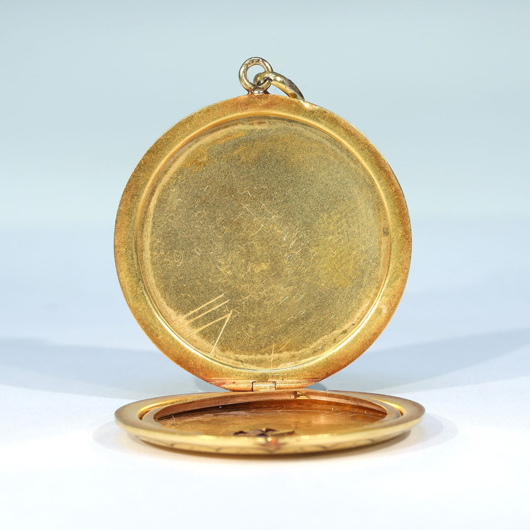 Antique Edwardian Gold Ruby Engraved Locket, c. 1910