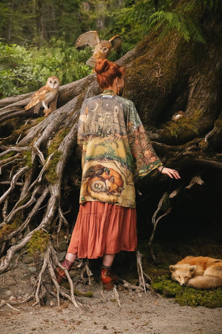 Woodland Wisdom Matinée Duster w/ Florals, Fox & Owl