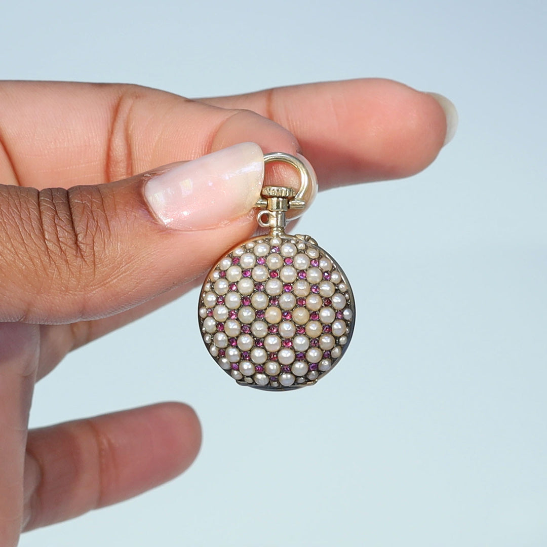 Antique Victorian 18 Karat Gold Ruby Pearl Watch Pendant