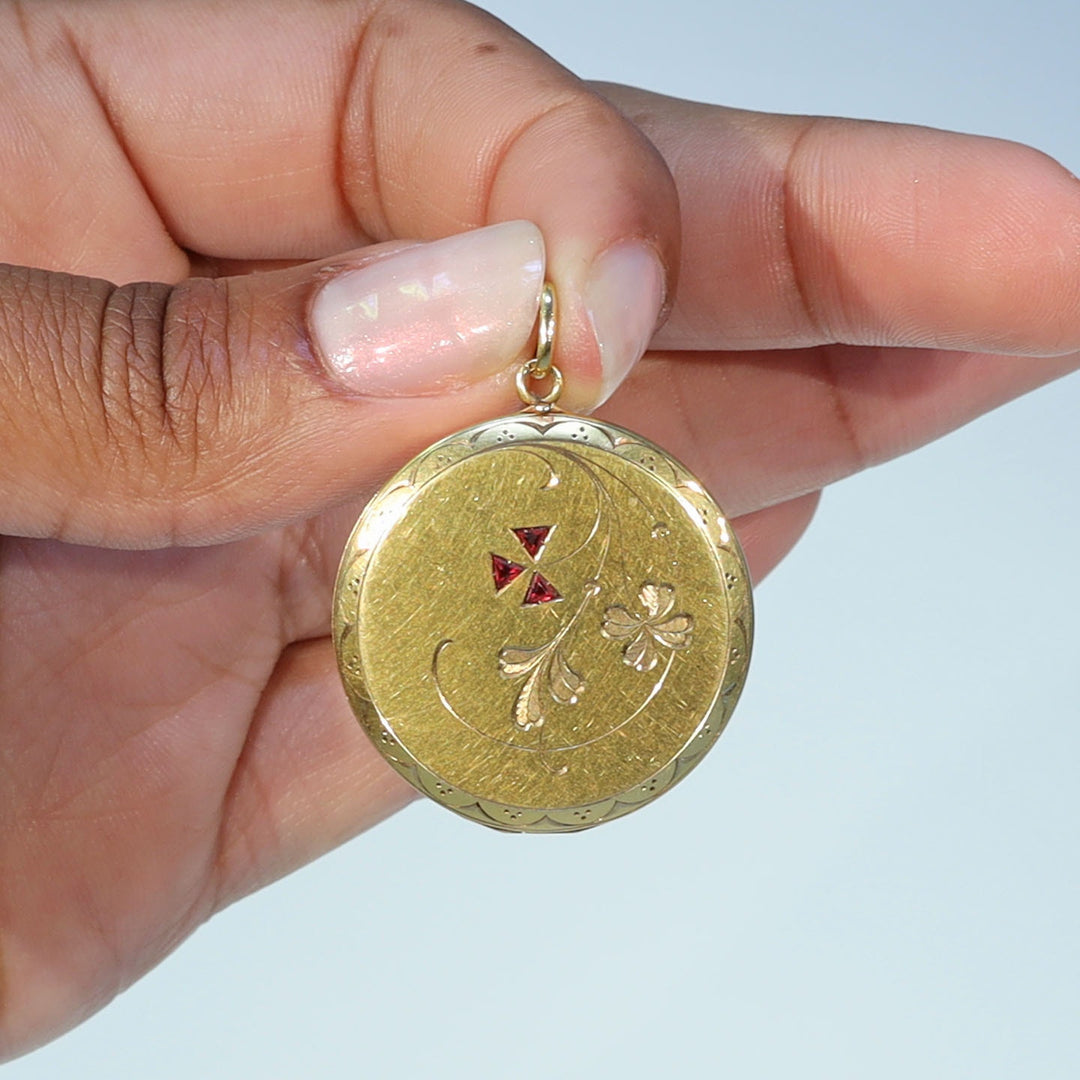 Antique Edwardian Gold Ruby Engraved Locket, c. 1910