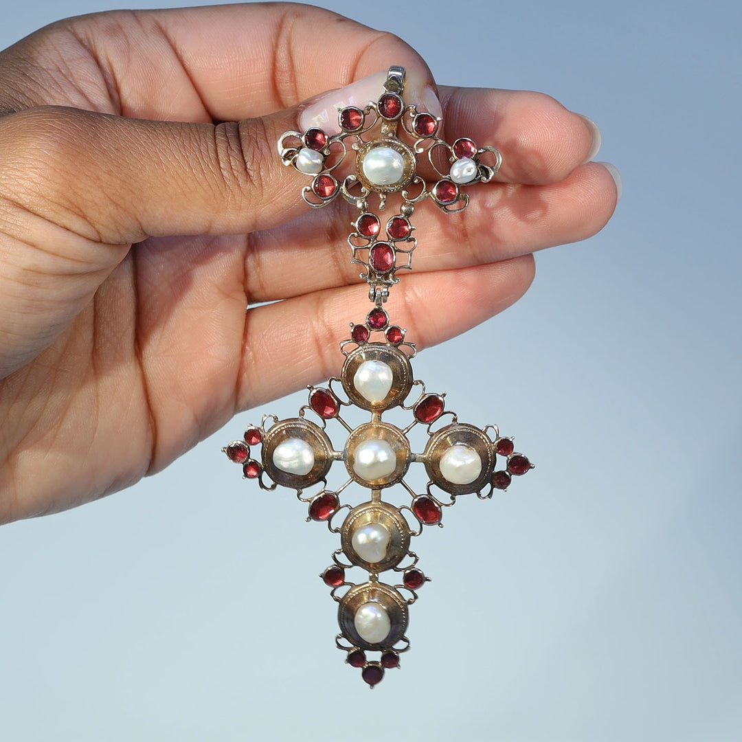 Antique Georgian Gold Garnet and Pearl Cross Pendant c. 1760
