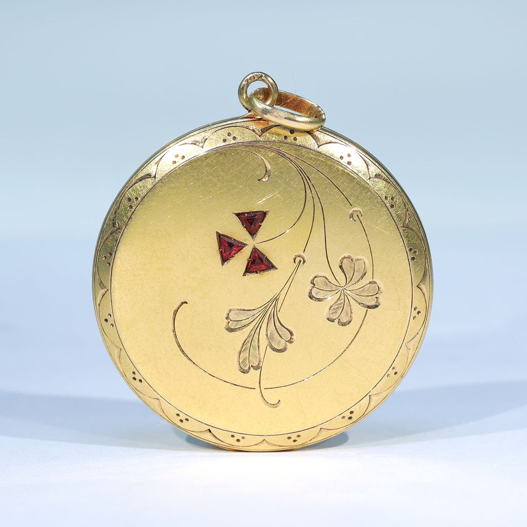 Antique Edwardian Gold Ruby Engraved Locket, c. 1910