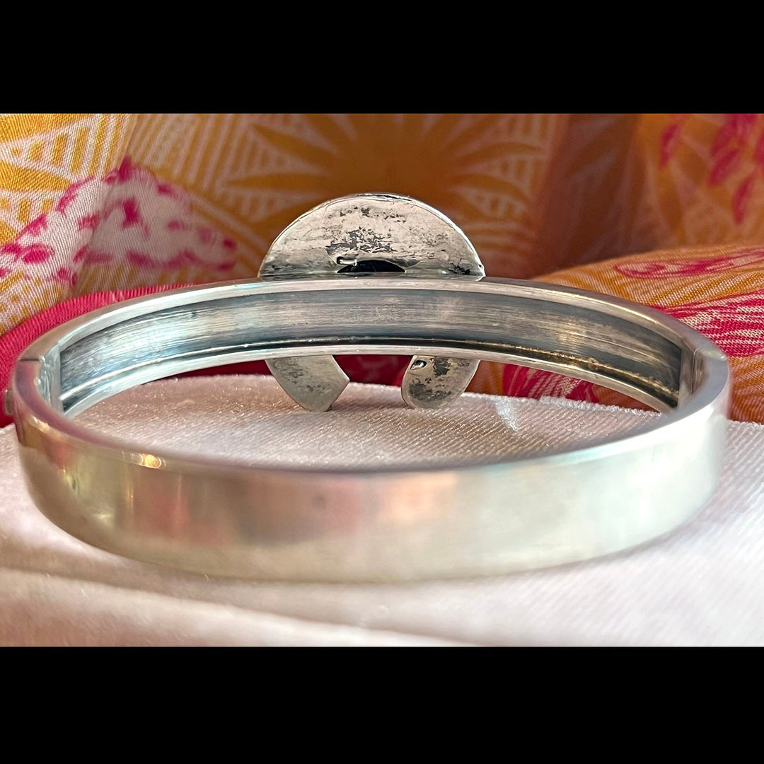 Victorian Scottish Silver Agate Bangle with Horseshoe and Horse Motif, Antique c. 1890