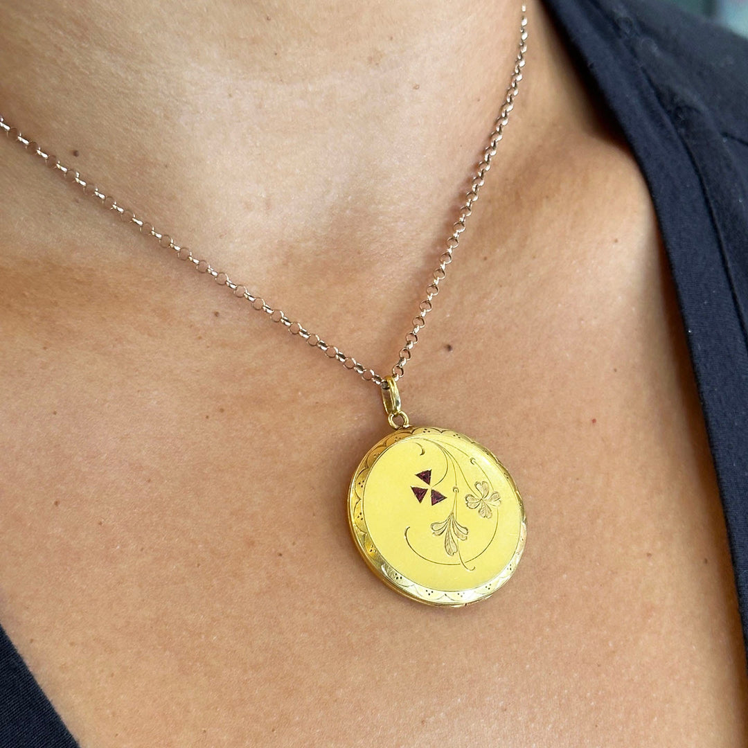 Antique Edwardian Gold Ruby Engraved Locket, c. 1910