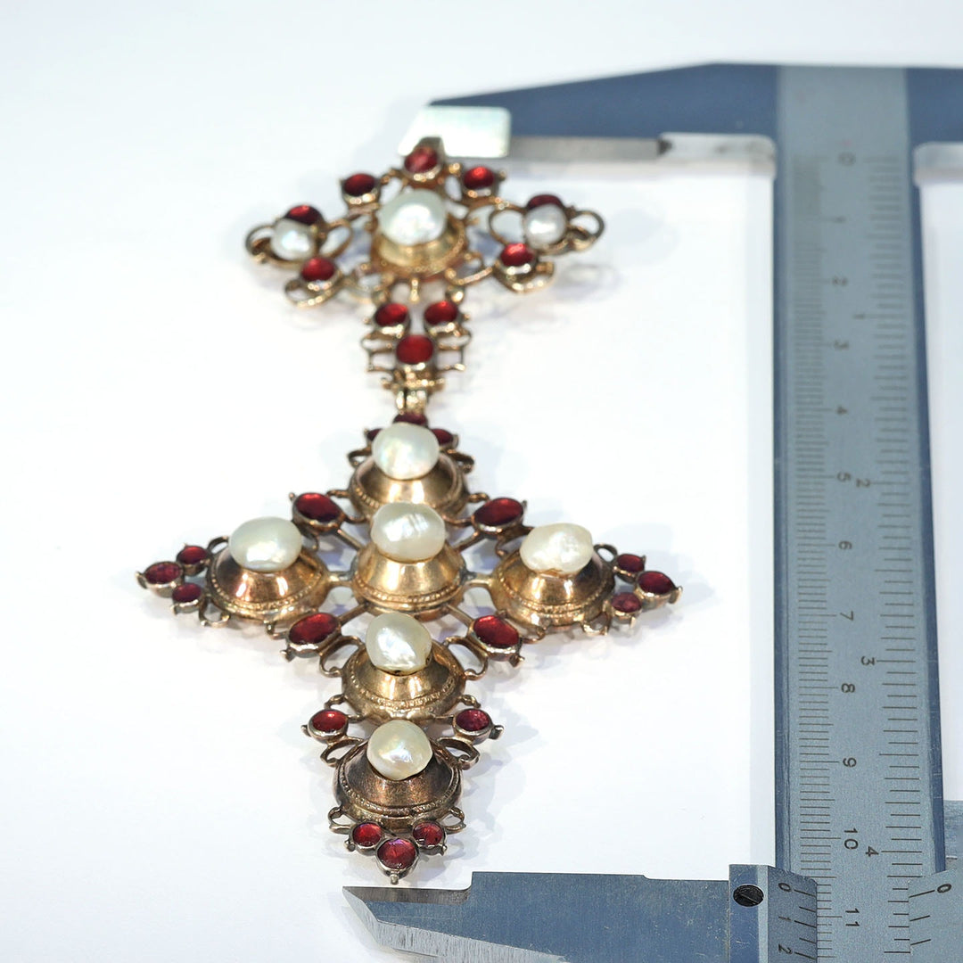 Antique Georgian Gold Garnet and Pearl Cross Pendant c. 1760
