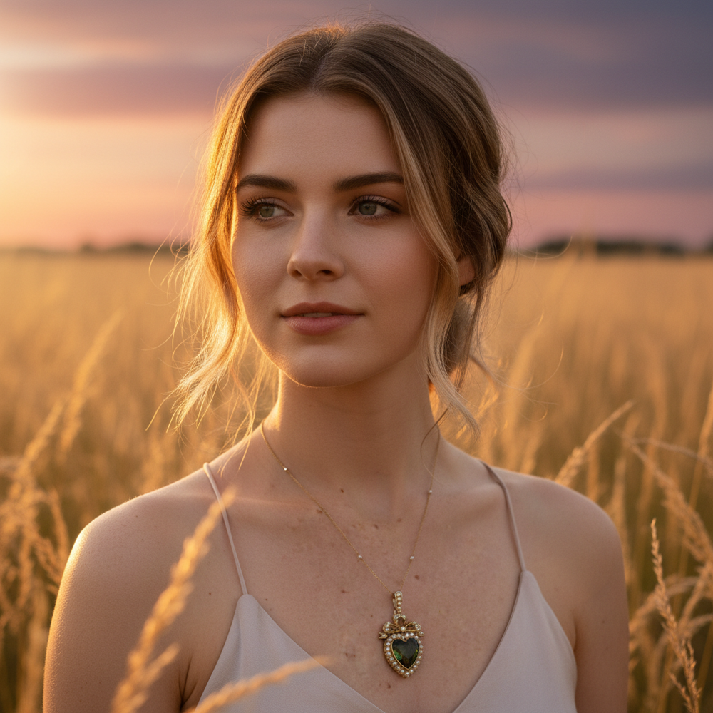Close-up of a Victorian green tourmaline and pearl heart pendant on a gold chain, glowing softly against sunset background.