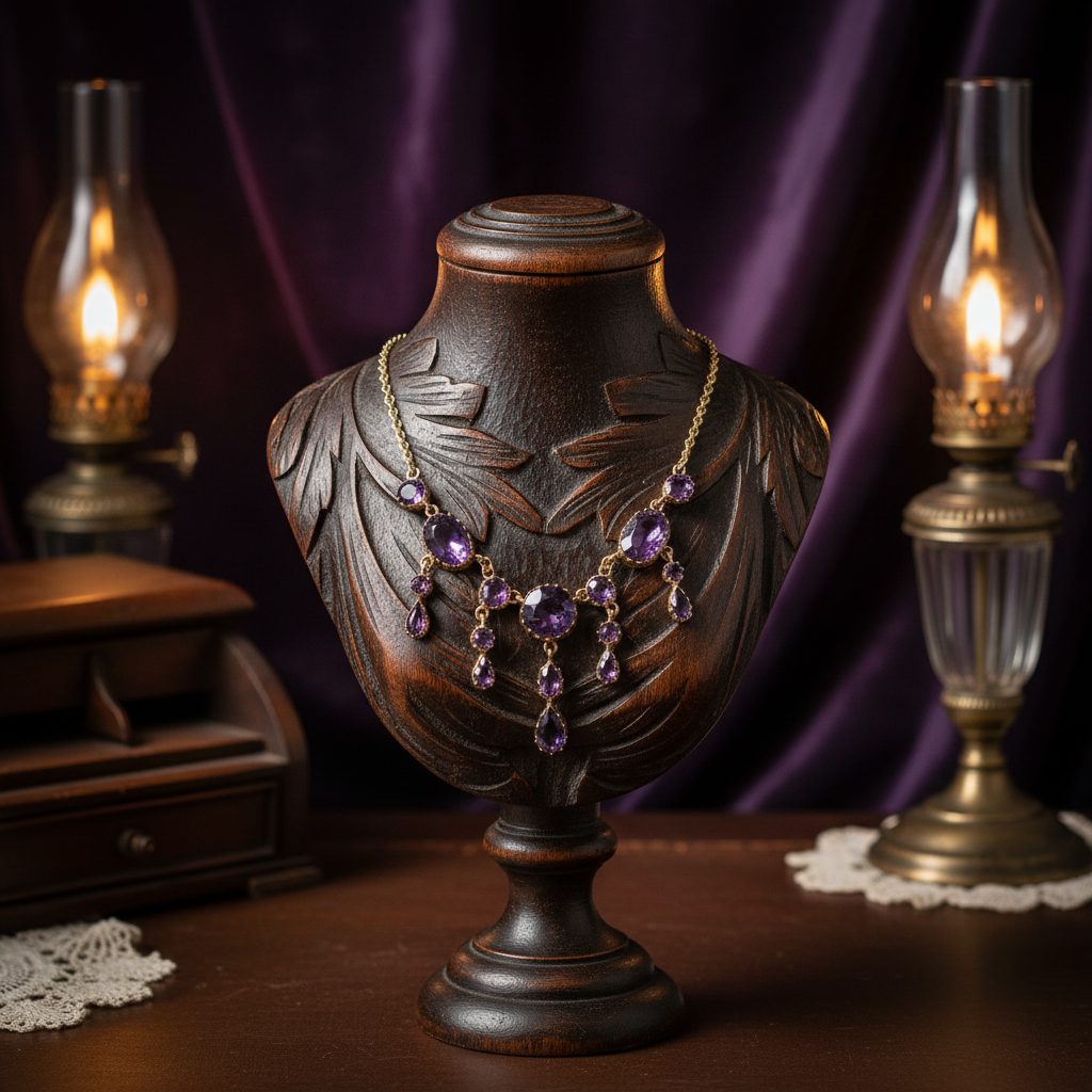 Antique Victorian necklace with 17 violet amethysts in 14K yellow gold, displayed on an ornate stand with a vintage velvet backdrop and soft candlelight.
