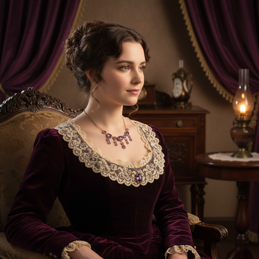 Refined Victorian amethyst necklace with 17 stones, styled in high fashion with antique furniture and velvet drapes, exuding romantic historical elegance.