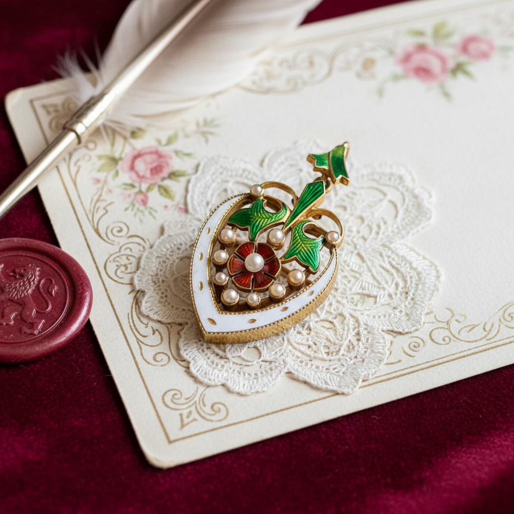 Elegant Victorian enameled heart pendant displayed on antique Valentine's card, highlighted by soft HDR lighting, velvet, and romantic motifs.