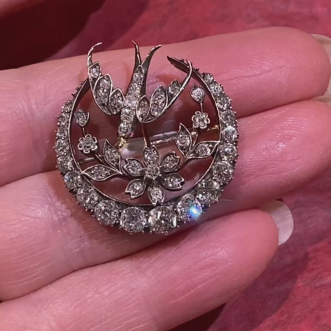 Victorian Diamond Bird and Crescent Brooch in 15K Gold and Silver