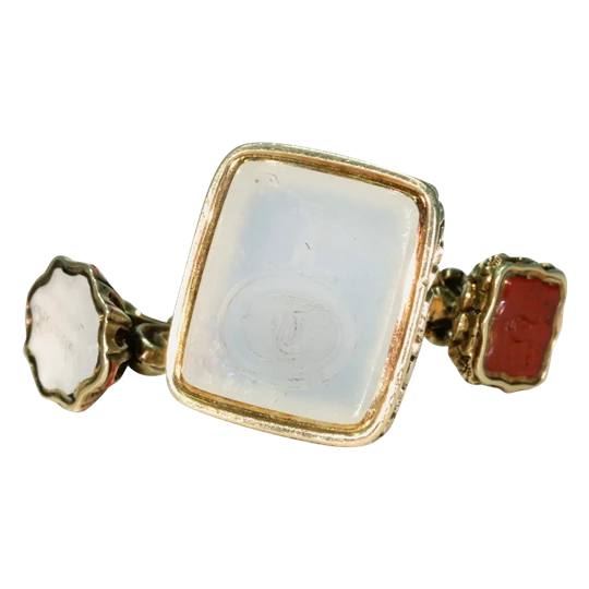   15k and 9k Three Fobs and Split Ring White Chalcedony and Carnelian Carved