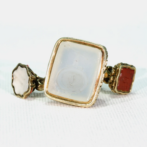 15k and 9k Three Fobs and Split Ring White Chalcedony and Carnelian Carved