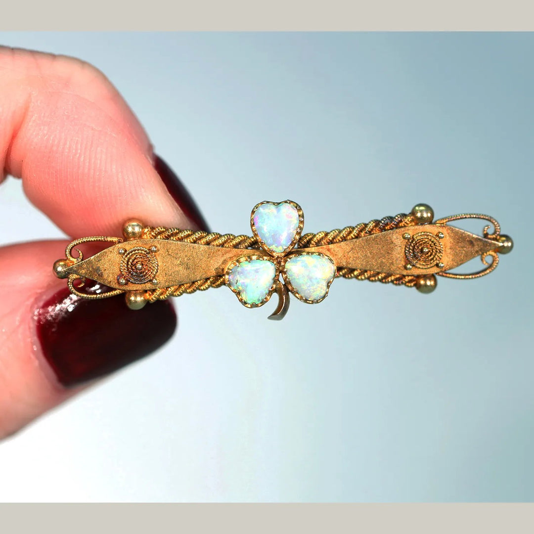 15k Gold Victorian Opal Brooch Pin Clover Leaf Lucky