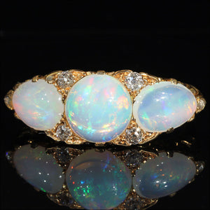 Antique Edwardian 3 Stone Opal and Diamond Ring in 18k Gold