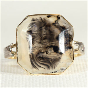 Antique Picture Agate Ring in 14k Gold and Silver, Owl Detail
