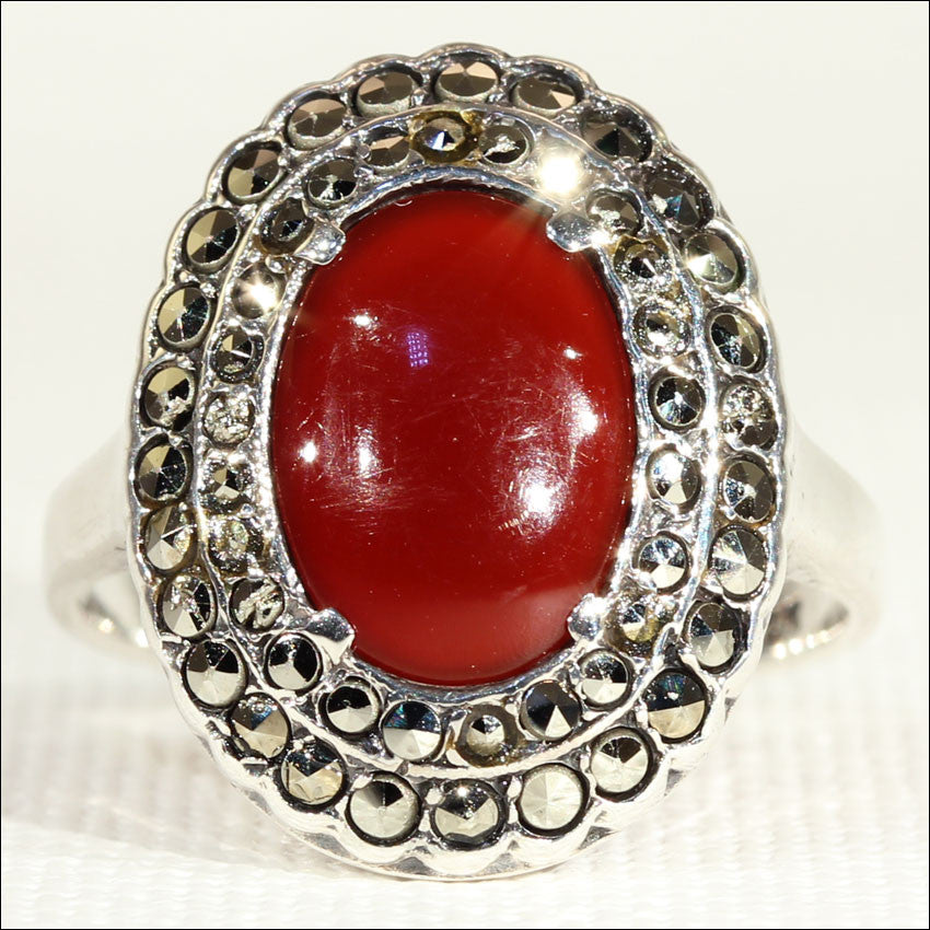 Vintage Art Deco Silver Carnelian and Marcasite Ring c.1920