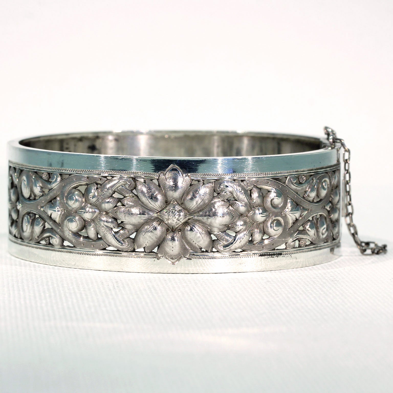 Antique French Repoussed Floral Silver Bangle