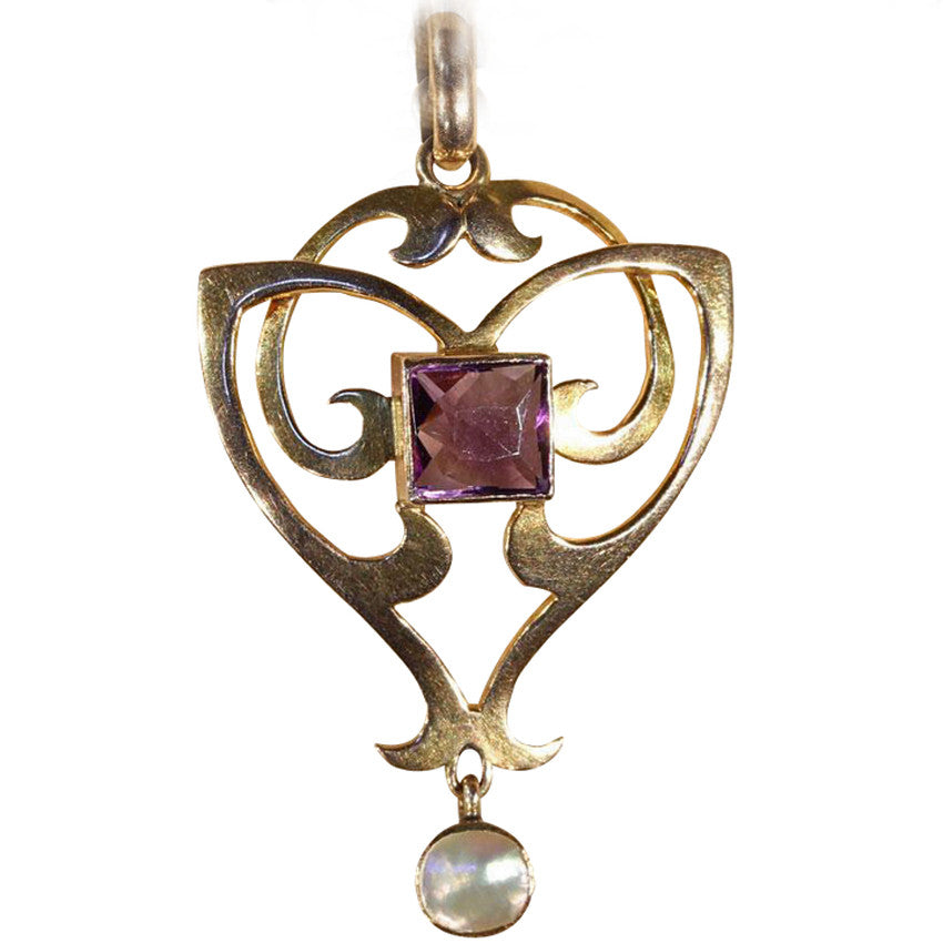 Antique Art Nouveau Amethyst and Mother of Pearl Pendant in 9k Gold
