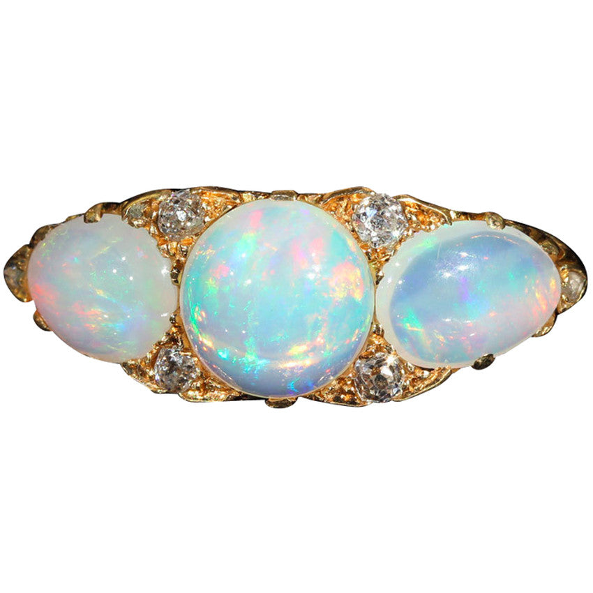 Antique Edwardian 3 Stone Opal and Diamond Ring in 18k Gold