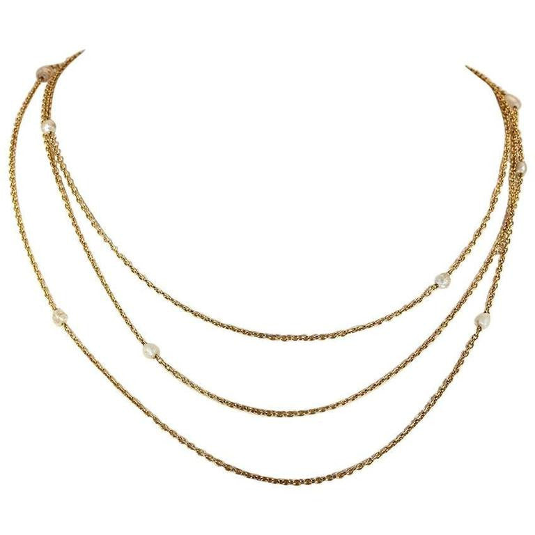 Victorian Pearl Triple Chain 14k Gold Necklace