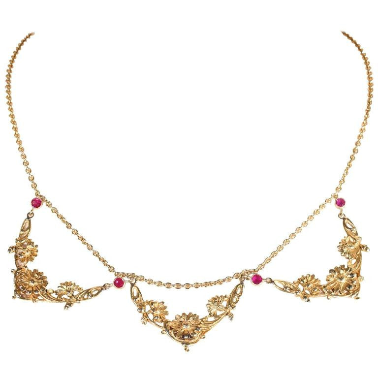 Art Nouveau Ruby Gold Necklace French Floral