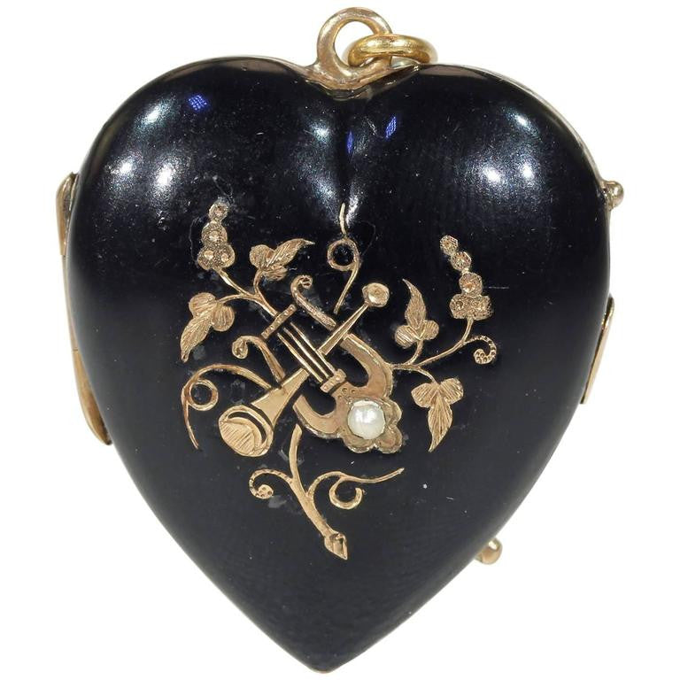 Victorian Black Enamel Gold Locket Pearl Trumpet Lyre