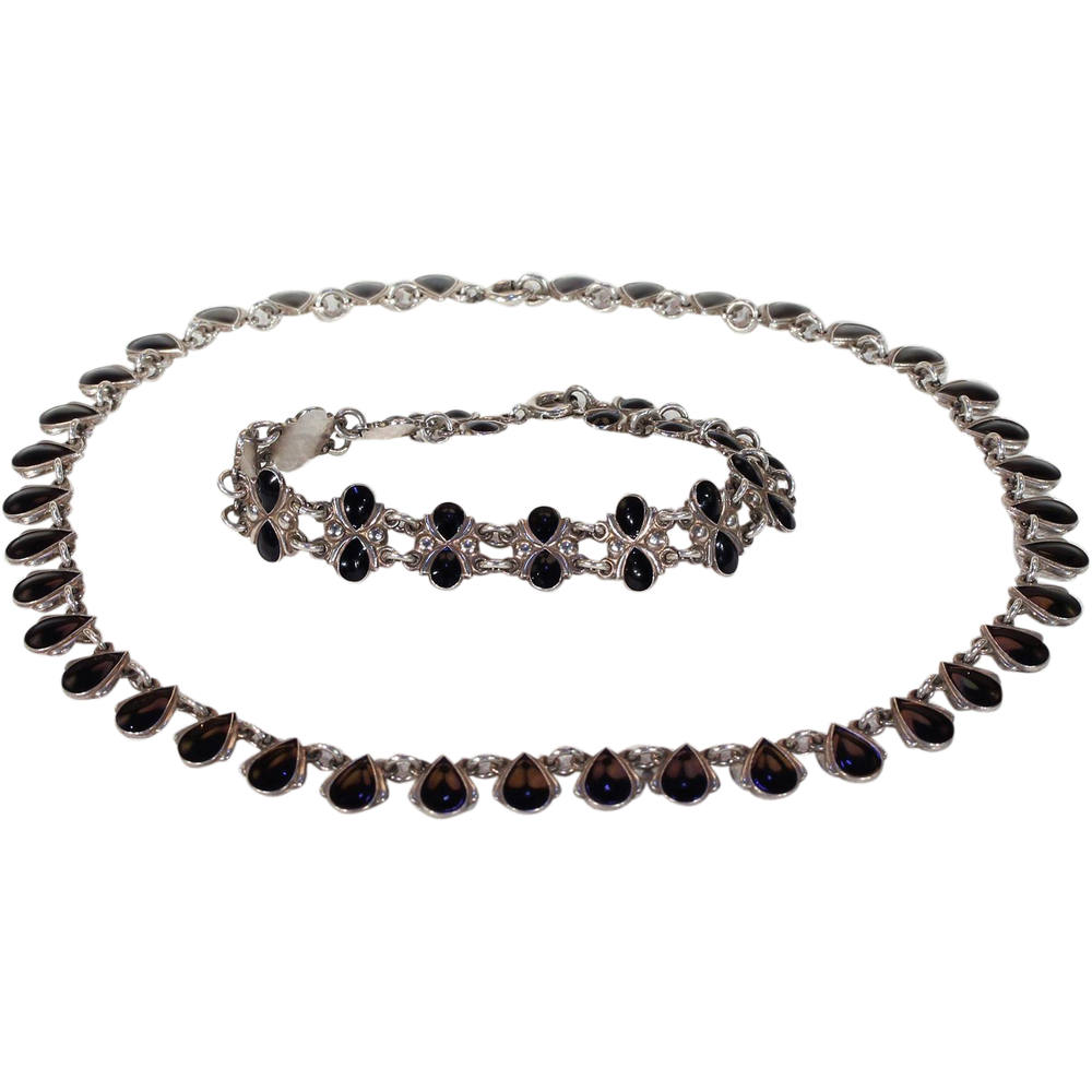 Vintage Danish Necklace and Bracelet by Volmer Bahner Silver Black Enamel
