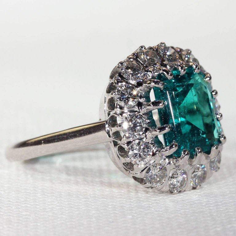 French Art Deco Columbian Emerald Diamond Cluster Ring