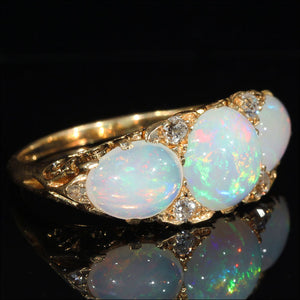 Antique Edwardian 3 Stone Opal and Diamond Ring in 18k Gold