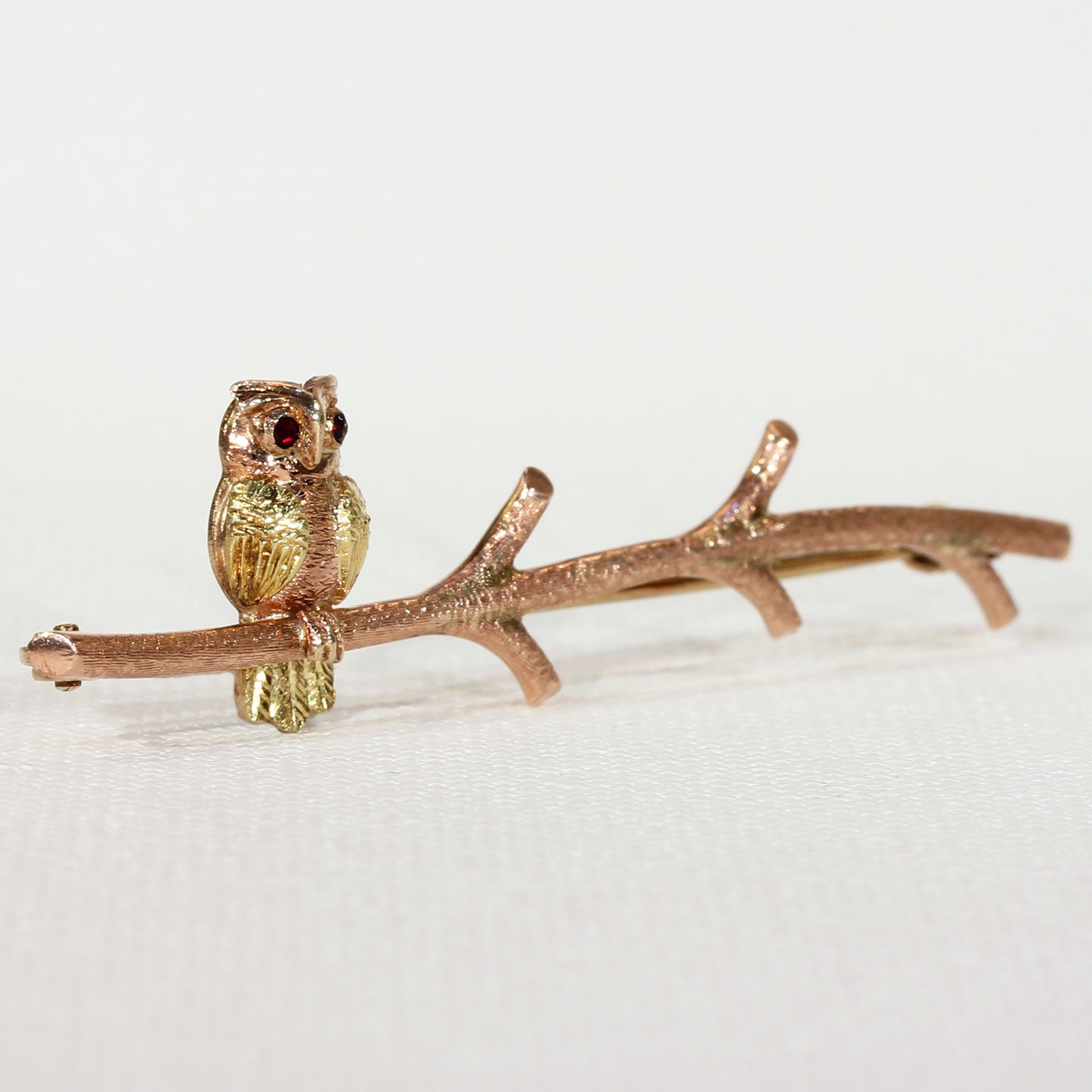 Vintage Owl on Branch Brooch Pin Two Tone Gold Garnet