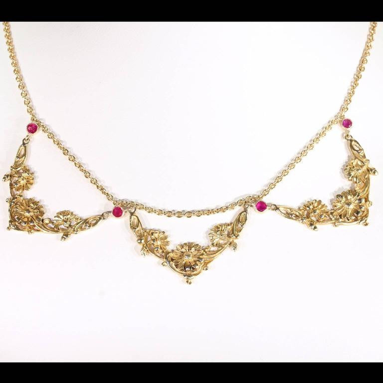 Art Nouveau Ruby Gold Necklace French Floral