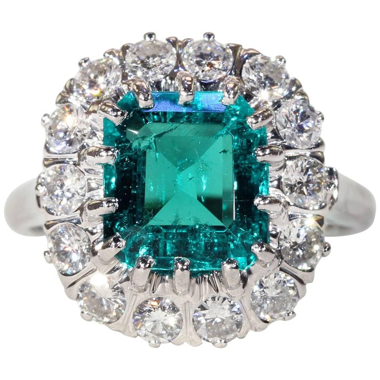 French Art Deco Columbian Emerald Diamond Cluster Ring
