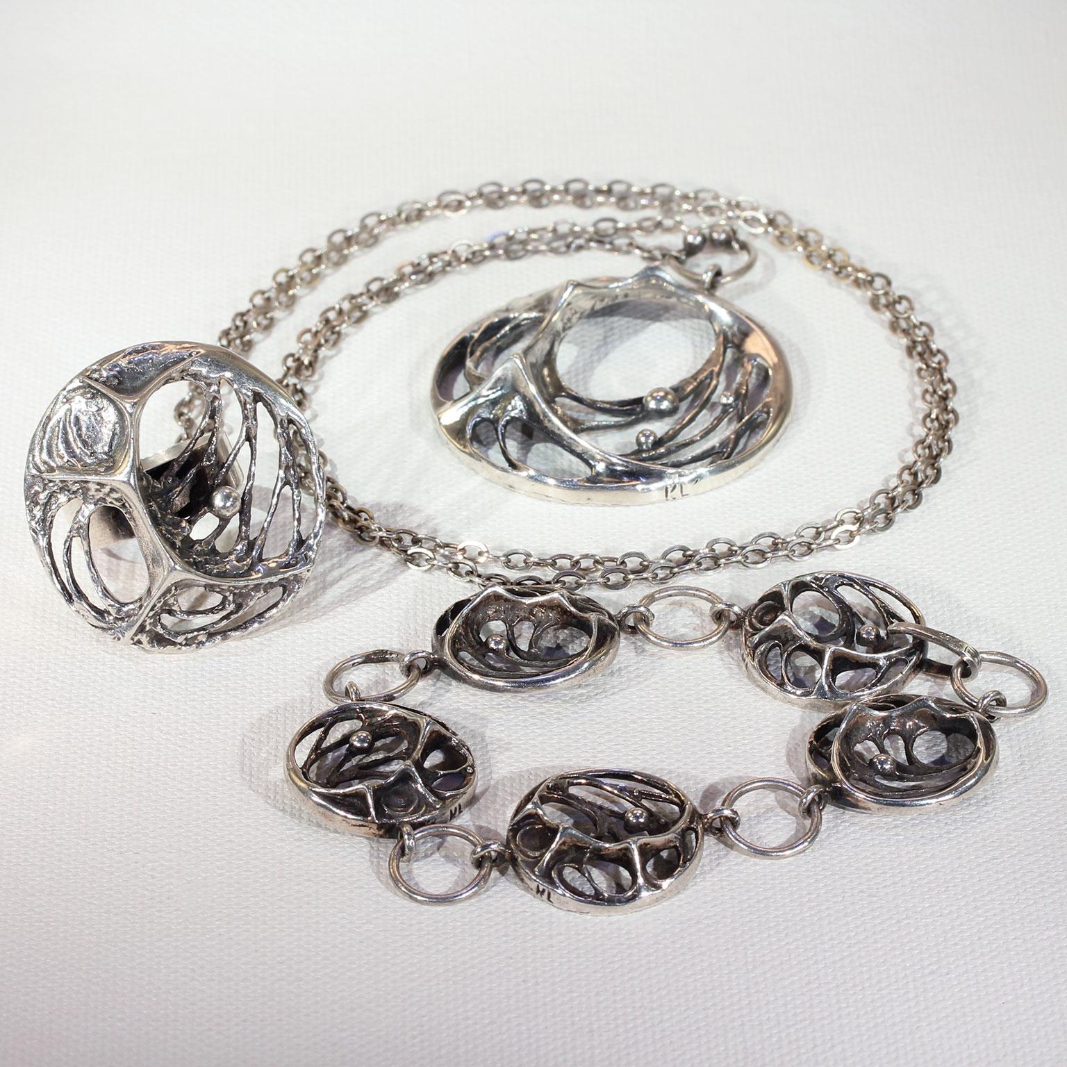 Vintage Sten & Karl Laine Spider Web Bracelet Necklace Ring Set Silver