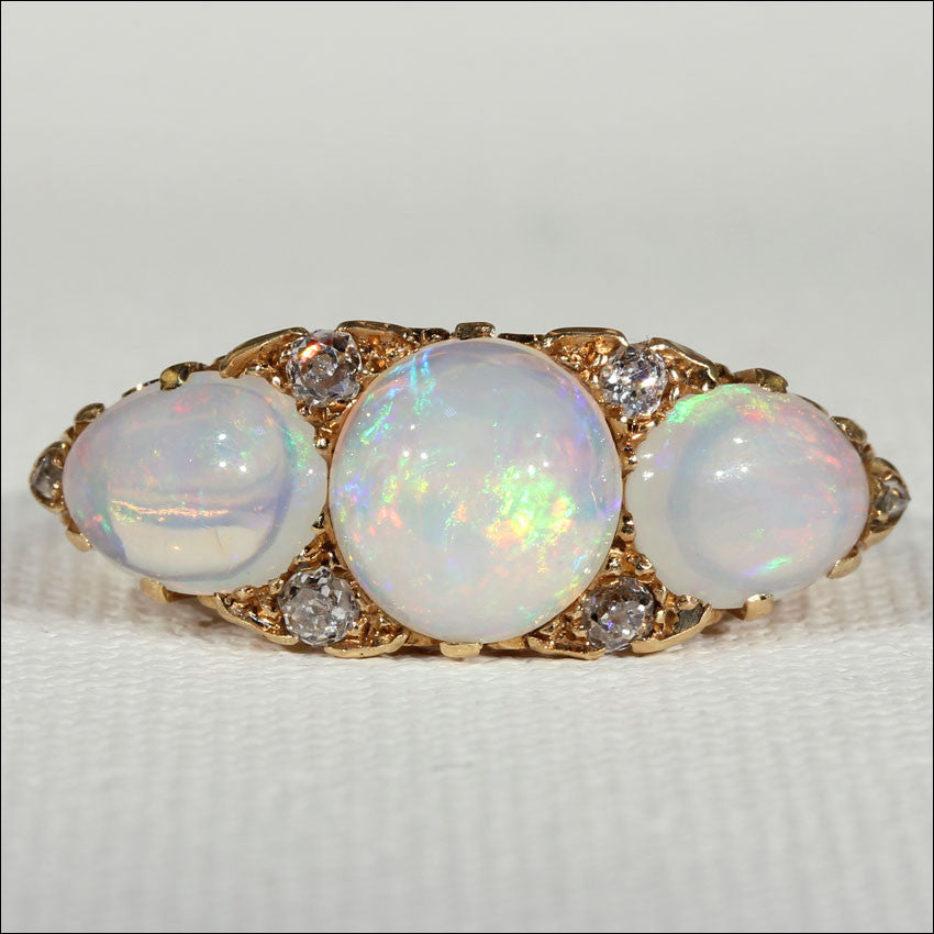 Antique Edwardian 3 Stone Opal and Diamond Ring in 18k Gold