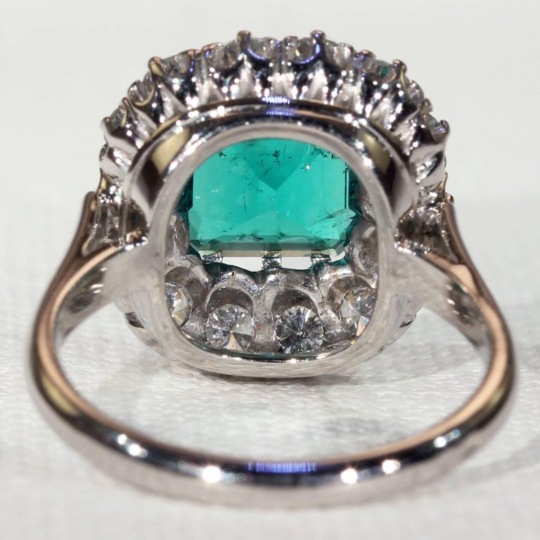 French Art Deco Columbian Emerald Diamond Cluster Ring