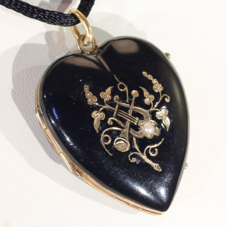 Victorian Black Enamel Gold Locket Pearl Trumpet Lyre